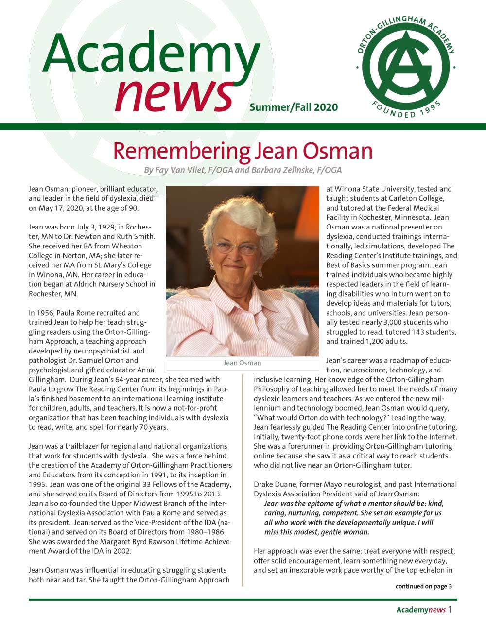 cover page of Orton-Gillingham Summer/Fall 2020 newsletter